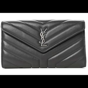 Saint Laurent Lambskin Y Quilted Monogram Large Loulou Flap Wallet Asphalt Gray